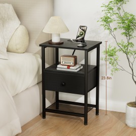 LOAKEKEL Night Stand with Charging Station, Small Bedside Table with Fabric Drawer, Nightstand with USB Ports & Outlets for Bedroom, Living Room, Black, HETS010BK-1