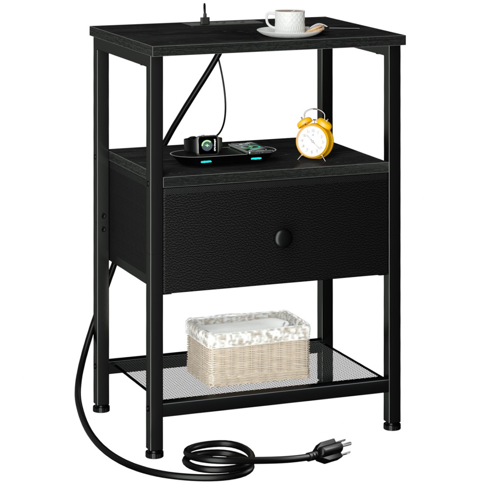 LOAKEKEL Night Stand with Charging Station, Small Bedside Table with Fabric Drawer, Nightstand with USB Ports & Outlets for Bedroom, Living Room, Black, HETS010BK-1