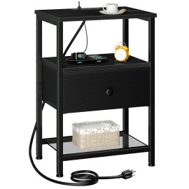 LOAKEKEL Night Stand with Charging Station, Small Bedside Table with Fabric Drawer, Nightstand with USB Ports & Outlets for Bedroom, Living Room, Black, HETS010BK-1