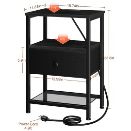 LOAKEKEL Night Stand with Charging Station, Small Bedside Table with Fabric Drawer, Nightstand with USB Ports & Outlets for Bedroom, Living Room, Black, HETS010BK-1