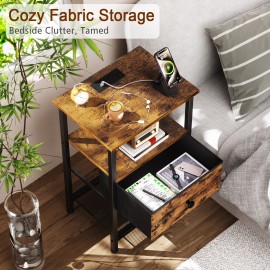 LOAKEKEL Night Stand with Charging Station, Small Bedside Table with Fabric Drawer, Nightstand with USB Ports & Outlets for Bedroom, Living Room, Brown, HETS010BR-1