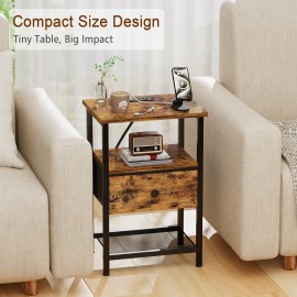 LOAKEKEL Night Stand with Charging Station, Small Bedside Table with Fabric Drawer, Nightstand with USB Ports & Outlets for Bedroom, Living Room, Brown, HETS010BR-1