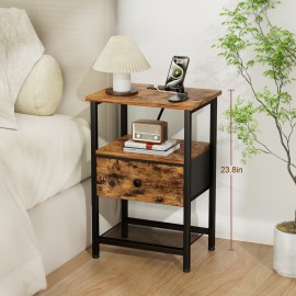 LOAKEKEL Night Stand with Charging Station, Small Bedside Table with Fabric Drawer, Nightstand with USB Ports & Outlets for Bedroom, Living Room, Brown, HETS010BR-1