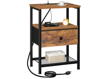 LOAKEKEL Night Stand with Charging Station, Small Bedside Table with Fabric Drawer, Nightstand with USB Ports & Outlets for Bedroom, Living Room, Brown, HETS010BR-1