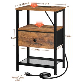 LOAKEKEL Night Stand with Charging Station, Small Bedside Table with Fabric Drawer, Nightstand with USB Ports & Outlets for Bedroom, Living Room, Brown, HETS010BR-1