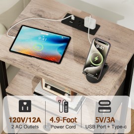 LOAKEKEL Night Stand with Charging Station, Small Bedside Table with Fabric Drawer, Nightstand with USB Ports & Outlets for Bedroom, Living Room, Grey, HETS010GY-1