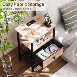 LOAKEKEL Night Stand with Charging Station, Small Bedside Table with Fabric Drawer, Nightstand with USB Ports & Outlets for Bedroom, Living Room, Grey, HETS010GY-1