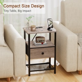 LOAKEKEL Night Stand with Charging Station, Small Bedside Table with Fabric Drawer, Nightstand with USB Ports & Outlets for Bedroom, Living Room, Grey, HETS010GY-1