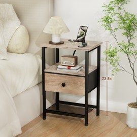 LOAKEKEL Night Stand with Charging Station, Small Bedside Table with Fabric Drawer, Nightstand with USB Ports & Outlets for Bedroom, Living Room, Grey, HETS010GY-1