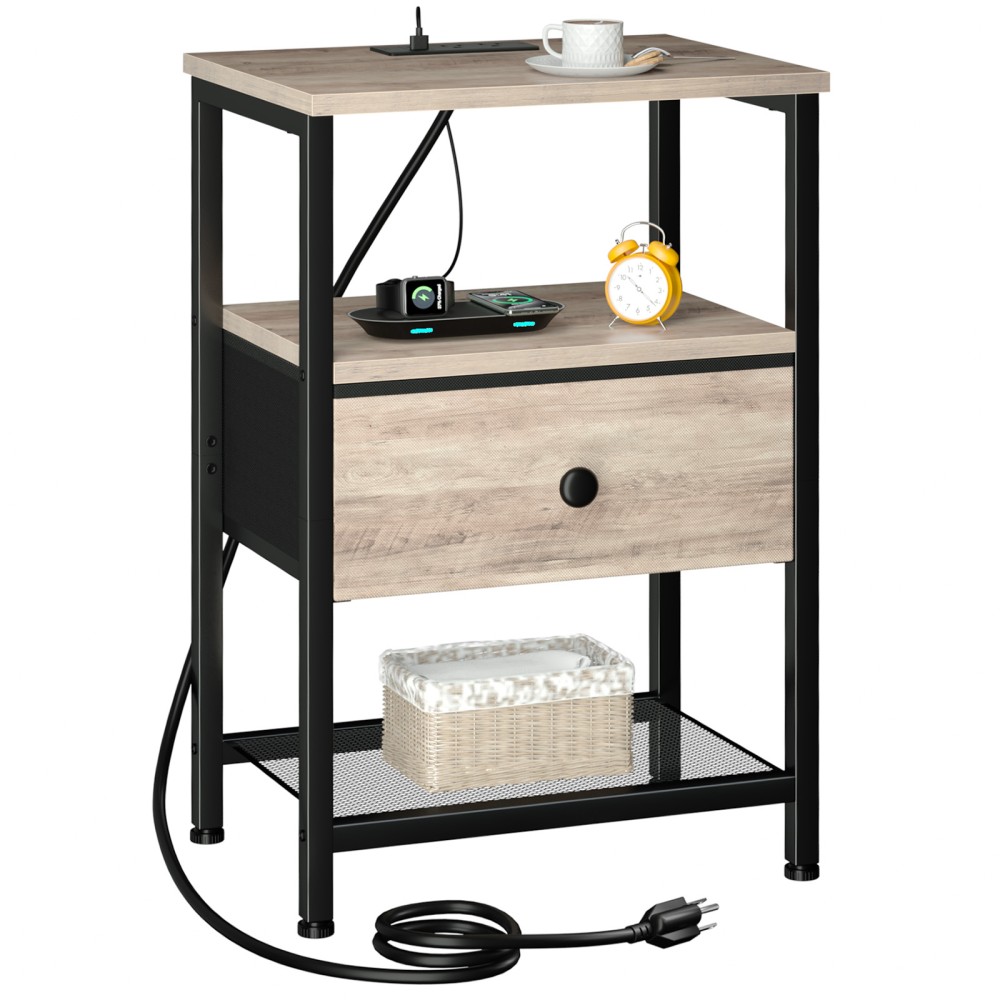 LOAKEKEL Night Stand with Charging Station, Small Bedside Table with Fabric Drawer, Nightstand with USB Ports & Outlets for Bedroom, Living Room, Grey, HETS010GY-1