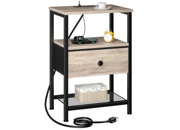 LOAKEKEL Night Stand with Charging Station, Small Bedside Table with Fabric Drawer, Nightstand with USB Ports & Outlets for Bedroom, Living Room, Grey, HETS010GY-1