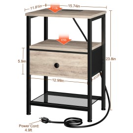 LOAKEKEL Night Stand with Charging Station, Small Bedside Table with Fabric Drawer, Nightstand with USB Ports & Outlets for Bedroom, Living Room, Grey, HETS010GY-1