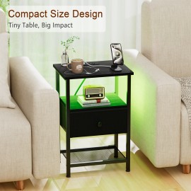 LOAKEKEL Night Stand, LED Nightstand with Charging Station, Black