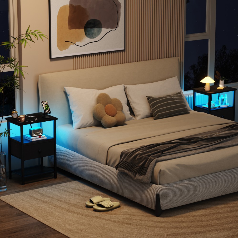 LOAKEKEL Night Stand, LED Nightstand with Charging Station, Black