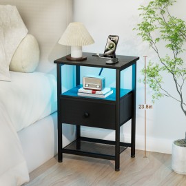 LOAKEKEL Night Stand, LED Nightstand with Charging Station, Black