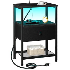 LOAKEKEL Night Stand, LED Nightstand with Charging Station, Black