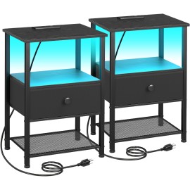 LOAKEKEL Small Nightstand with Charging Station HETS01BK