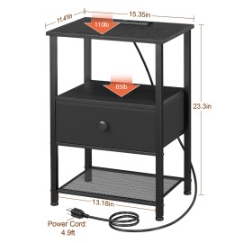 LOAKEKEL Small Nightstand with Charging Station HETS01BK