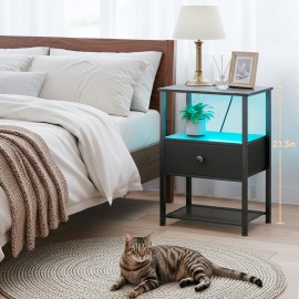 LOAKEKEL Small Nightstand with Charging Station HETS01BK