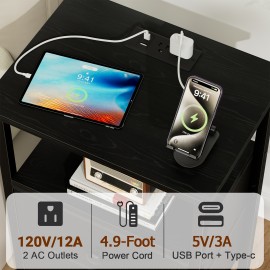 LOAKEKEL Night Stand with Charging Station, Small Bedside Table with Fabric Drawer, Nightstand with USB Ports & Outlets for Bedroom, Living Room, Black, HETS020BK-1