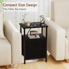 LOAKEKEL Night Stand with Charging Station, Small Bedside Table with Fabric Drawer, Nightstand with USB Ports & Outlets for Bedroom, Living Room, Black, HETS020BK-1