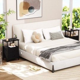 LOAKEKEL Night Stand with Charging Station, Small Bedside Table with Fabric Drawer, Nightstand with USB Ports & Outlets for Bedroom, Living Room, Black, HETS020BK-1