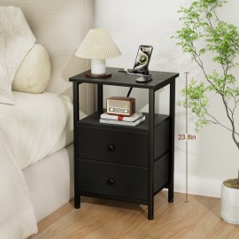 LOAKEKEL Night Stand with Charging Station, Small Bedside Table with Fabric Drawer, Nightstand with USB Ports & Outlets for Bedroom, Living Room, Black, HETS020BK-1