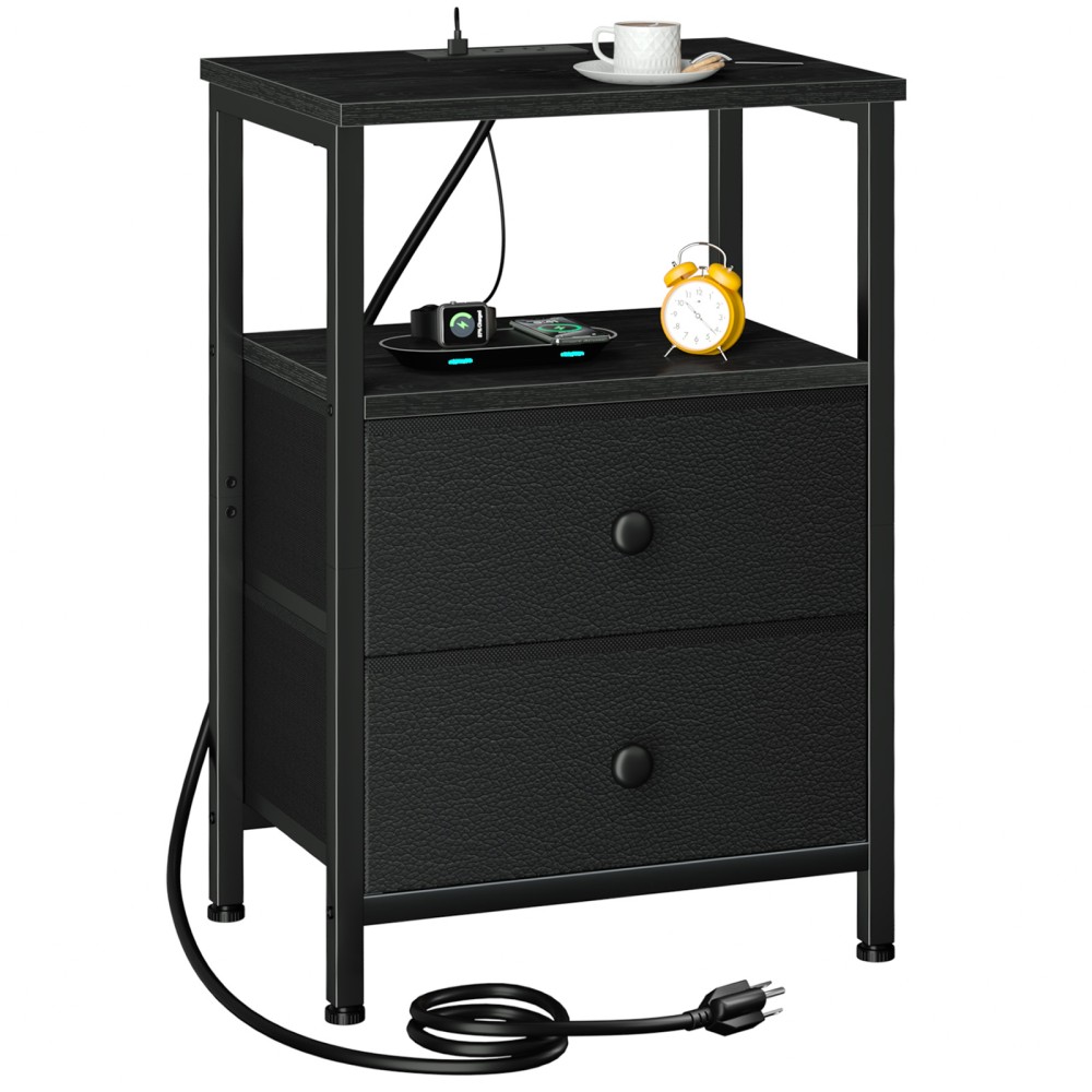 LOAKEKEL Night Stand with Charging Station, Small Bedside Table with Fabric Drawer, Nightstand with USB Ports & Outlets for Bedroom, Living Room, Black, HETS020BK-1