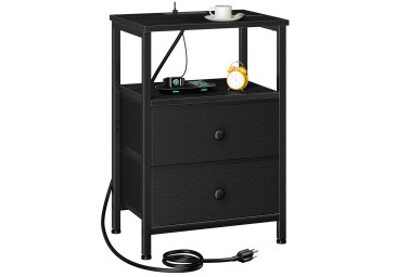 LOAKEKEL Night Stand with Charging Station, Small Bedside Table with Fabric Drawer, Nightstand with USB Ports & Outlets for Bedroom, Living Room, Black, HETS020BK-1