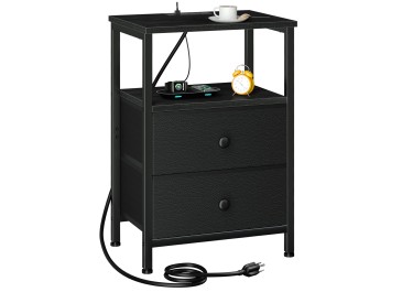 LOAKEKEL Night Stand with Charging Station, Small Bedside Table with Fabric Drawer, Nightstand with USB Ports & Outlets for Bedroom, Living Room, Black, HETS020BK-1