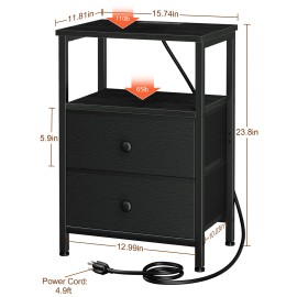 LOAKEKEL Night Stand with Charging Station, Small Bedside Table with Fabric Drawer, Nightstand with USB Ports & Outlets for Bedroom, Living Room, Black, HETS020BK-1