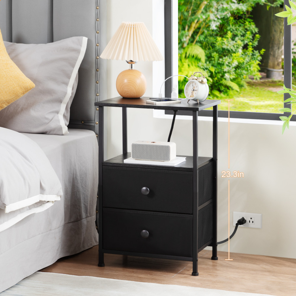 LOAKEKEL Small Nightstand with Charging Station HETS020BK