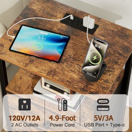 LOAKEKEL Night Stand with Charging Station, Small Bedside Table with Fabric Drawer, Nightstand with USB Ports & Outlets for Bedroom, Living Room, Brown, HETS020BR-1