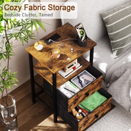 LOAKEKEL Night Stand with Charging Station, Small Bedside Table with Fabric Drawer, Nightstand with USB Ports & Outlets for Bedroom, Living Room, Brown, HETS020BR-1