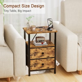 LOAKEKEL Night Stand with Charging Station, Small Bedside Table with Fabric Drawer, Nightstand with USB Ports & Outlets for Bedroom, Living Room, Brown, HETS020BR-1