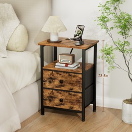 LOAKEKEL Night Stand with Charging Station, Small Bedside Table with Fabric Drawer, Nightstand with USB Ports & Outlets for Bedroom, Living Room, Brown, HETS020BR-1
