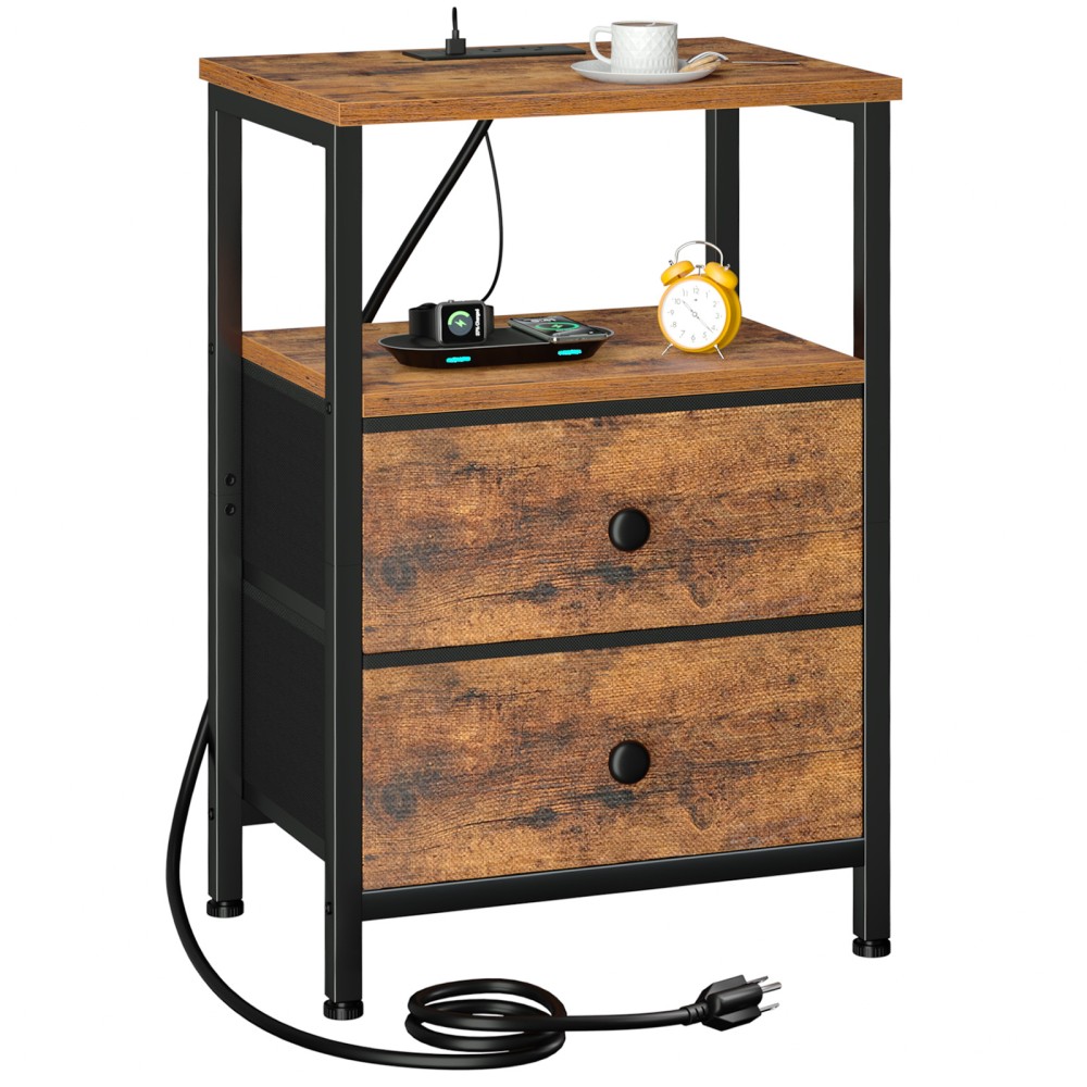 LOAKEKEL Night Stand with Charging Station, Small Bedside Table with Fabric Drawer, Nightstand with USB Ports & Outlets for Bedroom, Living Room, Brown, HETS020BR-1