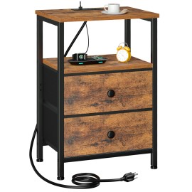LOAKEKEL Night Stand with Charging Station, Small Bedside Table with Fabric Drawer, Nightstand with USB Ports & Outlets for Bedroom, Living Room, Brown, HETS020BR-1