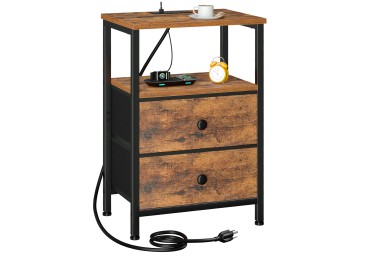 LOAKEKEL Night Stand with Charging Station, Small Bedside Table with Fabric Drawer, Nightstand with USB Ports & Outlets for Bedroom, Living Room, Brown, HETS020BR-1