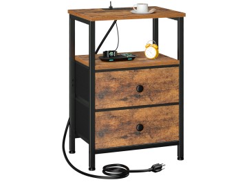 LOAKEKEL Night Stand with Charging Station, Small Bedside Table with Fabric Drawer, Nightstand with USB Ports & Outlets for Bedroom, Living Room, Brown, HETS020BR-1