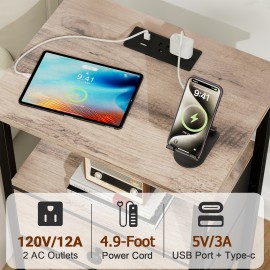 LOAKEKEL Night Stand with Charging Station, Small Bedside Table with Fabric Drawer, Nightstand with USB Ports & Outlets for Bedroom, Living Room, Grey, HETS020GY-1