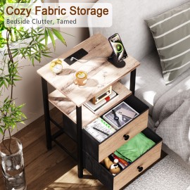 LOAKEKEL Night Stand with Charging Station, Small Bedside Table with Fabric Drawer, Nightstand with USB Ports & Outlets for Bedroom, Living Room, Grey, HETS020GY-1