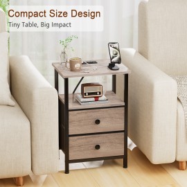 LOAKEKEL Night Stand with Charging Station, Small Bedside Table with Fabric Drawer, Nightstand with USB Ports & Outlets for Bedroom, Living Room, Grey, HETS020GY-1