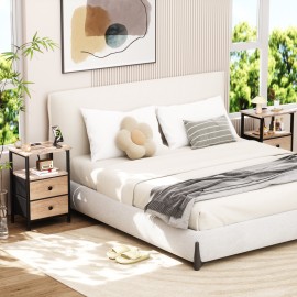 LOAKEKEL Night Stand with Charging Station, Small Bedside Table with Fabric Drawer, Nightstand with USB Ports & Outlets for Bedroom, Living Room, Grey, HETS020GY-1