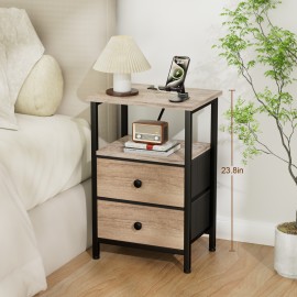 LOAKEKEL Night Stand with Charging Station, Small Bedside Table with Fabric Drawer, Nightstand with USB Ports & Outlets for Bedroom, Living Room, Grey, HETS020GY-1