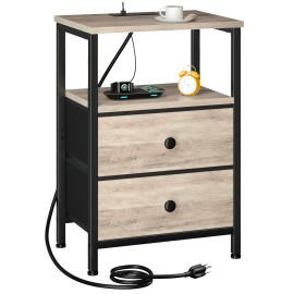 LOAKEKEL Night Stand with Charging Station, Small Bedside Table with Fabric Drawer, Nightstand with USB Ports & Outlets for Bedroom, Living Room, Grey, HETS020GY-1