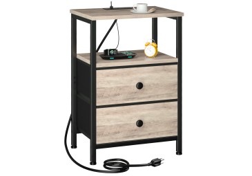 LOAKEKEL Night Stand with Charging Station, Small Bedside Table with Fabric Drawer, Nightstand with USB Ports & Outlets for Bedroom, Living Room, Grey, HETS020GY-1