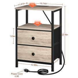 LOAKEKEL Night Stand with Charging Station, Small Bedside Table with Fabric Drawer, Nightstand with USB Ports & Outlets for Bedroom, Living Room, Grey, HETS020GY-1