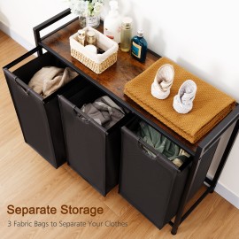 AMHANCIBLE Laundry Hamper with 3 Section, Laundry Basket with 3 Pull-Out and Removable Bags, Laundry Sorter with Shelf, Dirty Clothes Hamper for Laundry Room, Bathroom, 3 x 10 Gallons (38L) HLS03BR