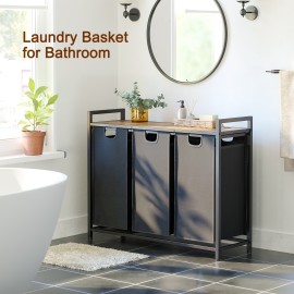 AMHANCIBLE Laundry Hamper with 3 Section, Laundry Basket with 3 Pull-Out and Removable Bags, Laundry Sorter with Shelf, Dirty Clothes Hamper for Laundry Room, Bathroom, 3 x 10 Gallons (38L) HLS03BR